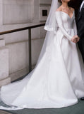 Off The Shoulder Long Sleeve Wedding Gown,A-line Satin Bridal Dresses,WD00864