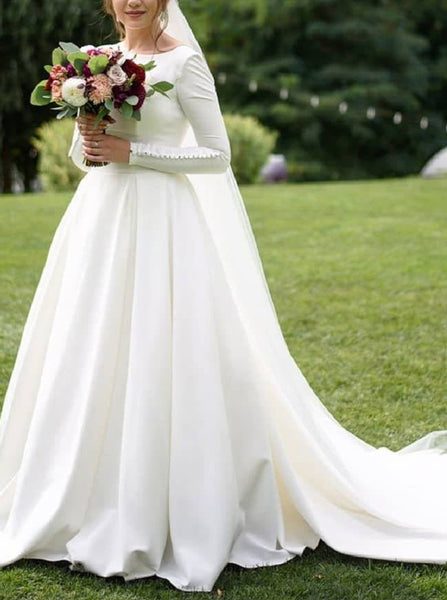 A-line Scoop Back Wedding Dresses,Modest Bridal Dresses Long Sleeves,WD00866