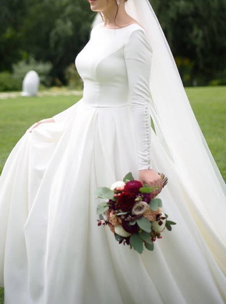 A-line Scoop Back Wedding Dresses,Modest Bridal Dresses Long Sleeves,WD00866