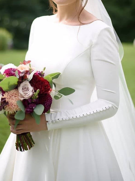 A-line Scoop Back Wedding Dresses,Modest Bridal Dresses Long Sleeves,WD00866