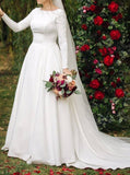 A-line Scoop Back Wedding Dresses,Modest Bridal Dresses Long Sleeves,WD00866