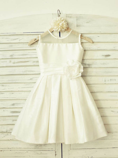 White Flower Girl Dress with Flower,Satin Flower Girl Dress,Cute Flower Girl Dress,FD00084