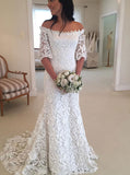 White Lace Wedding Dresses,Off the Shoulder Bridal Dress,Bridal Dress with Sleeves,WD00305