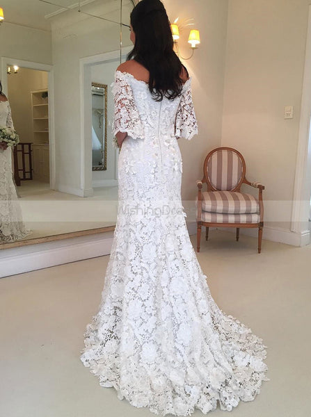 White Lace Wedding Dresses,Off the Shoulder Bridal Dress,Bridal Dress with Sleeves,WD00305