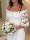 White Lace Wedding Dresses,Off the Shoulder Bridal Dress,Bridal Dress with Sleeves,WD00305