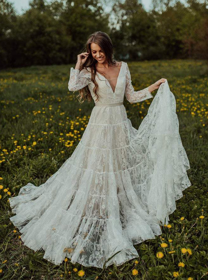 Long Sleeves Wedding Dresses,Lace Wedding Dress,Backless Bridal Dress,Boho Bridal Dress,WD00129 US2 / Champagne