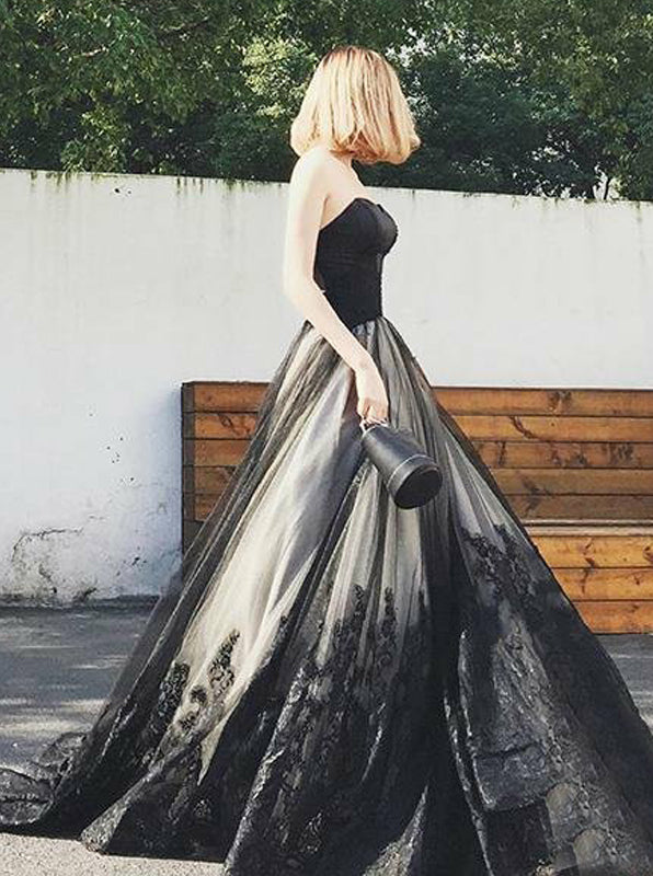 A-line Black Sweetheart Prom Gown,Tulle Lace Up Back Evening Dress,Ele