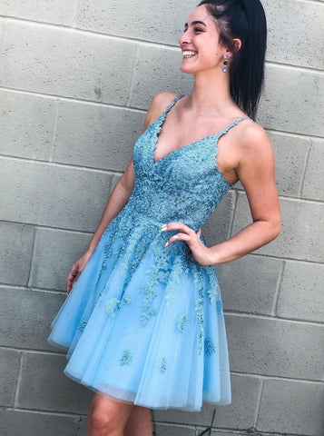 A-line Blue Sweet 16 Dresses,Homecoming Dress with Lace Up Back,HC00218