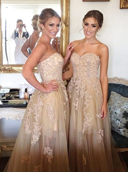 A-line Bridesmaid Dress with Appliques,Tulle See Through Long Bridesmaid Dress,BD00060