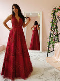 A-line Burgundy Lace Prom Dress,Gorgeous Evening Dress with Bowknot PD00151
