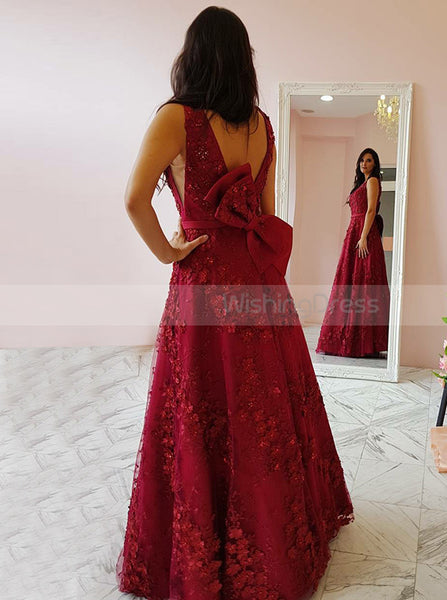 A-line Burgundy Lace Prom Dress,Gorgeous Evening Dress with Bowknot PD00151