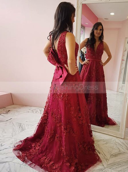 A-line Burgundy Lace Prom Dress,Gorgeous Evening Dress with Bowknot PD00151