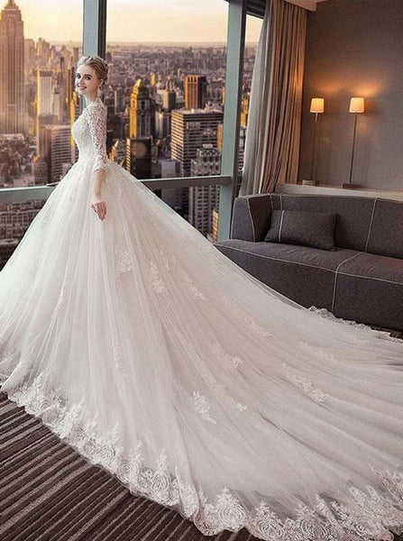 Princess Wedding Dresses,Wedding Dress with Sleeves,Tulle Long Train Bridal Dress,WD00188