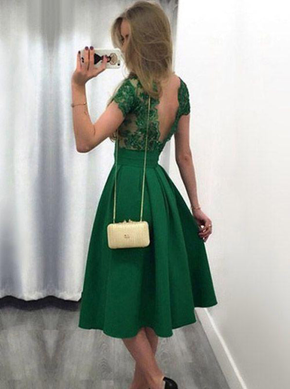 A-line Green Prom Dress,Short Prom Dress with Cap Sleeves,Satin Lace H