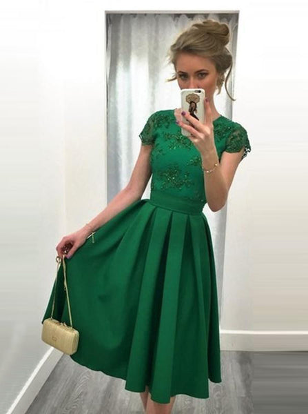 A-line Green Prom Dress,Short Prom Dress with Cap Sleeves,Satin Lace Homecoming Dress PD00184