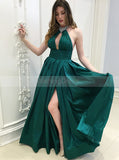 A-line Halter Prom Dress,Taffeta Long Evening Dress,Women Prom Dress Dark Green with Slit PD00155