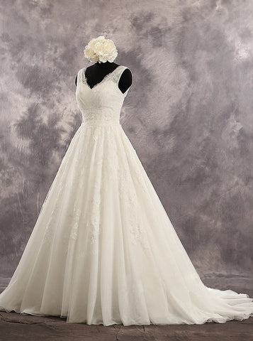 A-line Ivory V-neck Wedding Dresses,Princess Bridal Dress with Chapel Train,WD00546