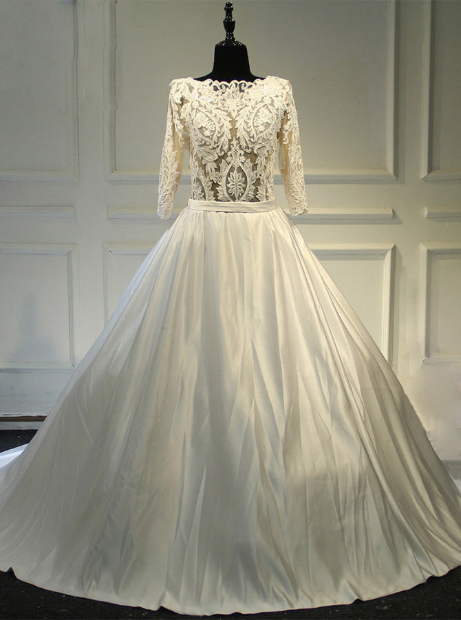 A-Line Ivory Wedding Gown,Classic Bridal Dress with Sleeves,WD00376, US8 / White A-Line Ivory Wedding Gown,Classic Bridal Dress with Sleeves,WD00376, US8 / White