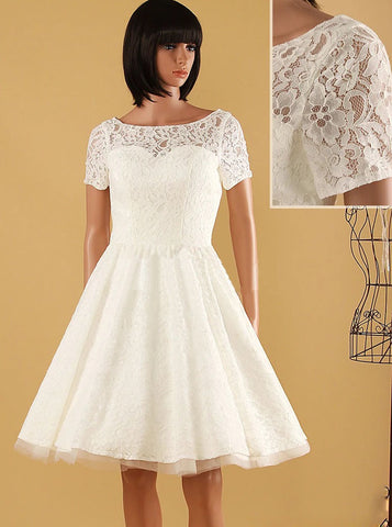 A-line Knee Length Wedding Dresses,Outdoor Lace Wedding Dress with Short Sleeves,WD00566