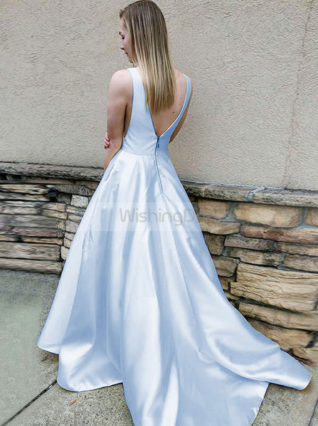 A Line Long Prom Dress,Satin V Neck Prom Dress,Modest Prom Dress PD00036