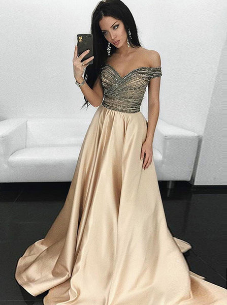 A-line Off the Shoulder Prom Dress,Satin Evening Dress with Train,Gorgeous Prom Dress PD00114