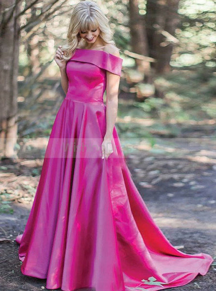 A-line Off the Shoulder Prom Gown,Satin Modest Evening Dress,Simple Prom Dress with Train PD00083