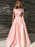 A-line Off the Shoulder Prom Gown,Satin Modest Evening Dress,Simple Prom Dress with Train PD00083