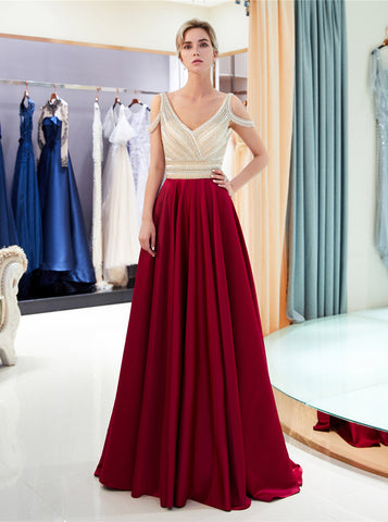 A-line Prom Dress with Beaded Bodice,Satin Evening Dress,PD00382
