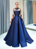 A-line Satin Prom Dresses with Sleeves,High Neck Evening Dress,PD00381