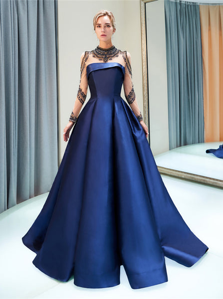 A-line Satin Prom Dresses with Sleeves,High Neck Evening Dress,PD00381