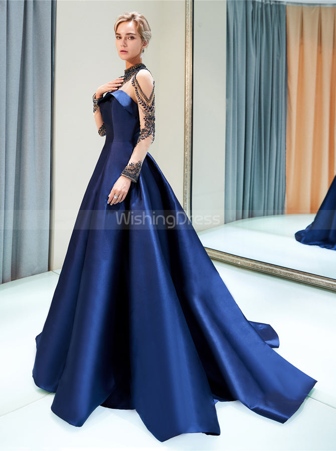 A-line Satin Prom Dresses with Sleeves,High Neck Evening Dress,PD00381 - Wishingdress A-line Satin Prom Dresses with Sleeves,High Neck Evening Dress,PD00381 - Wishingdress
