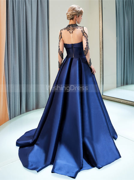 A-line Satin Prom Dresses with Sleeves,High Neck Evening Dress,PD00381