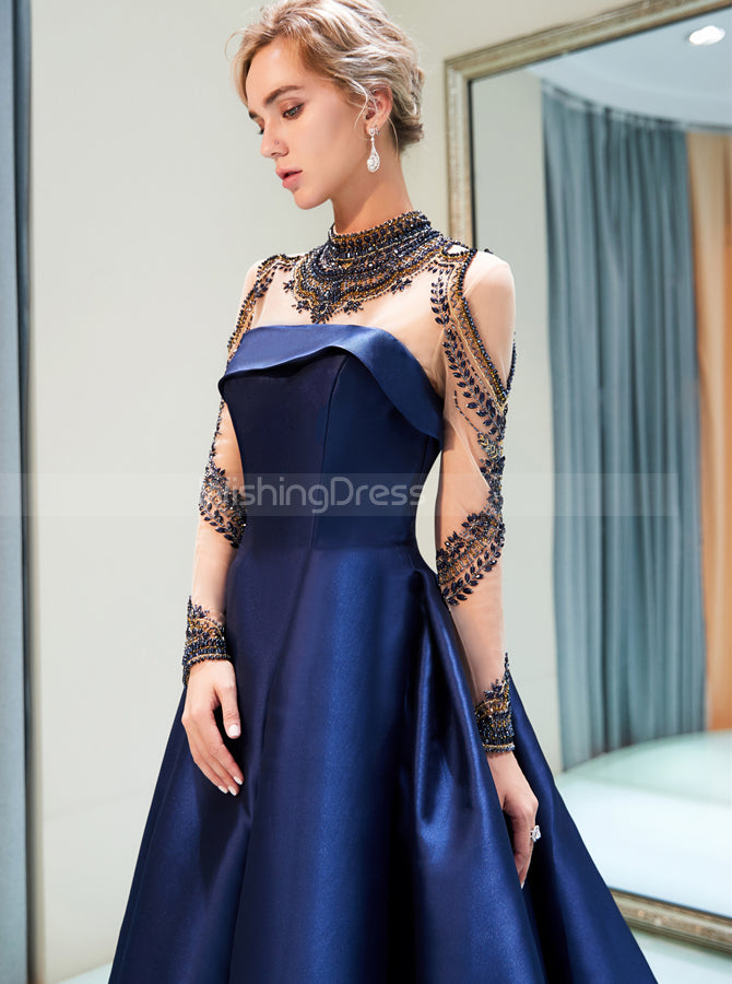 A-line Satin Prom Dresses with Sleeves,High Neck Evening Dress,PD00381 - Wishingdress A-line Satin Prom Dresses with Sleeves,High Neck Evening Dress,PD00381 - Wishingdress