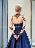 A-line Satin Prom Dresses with Sleeves,High Neck Evening Dress,PD00381