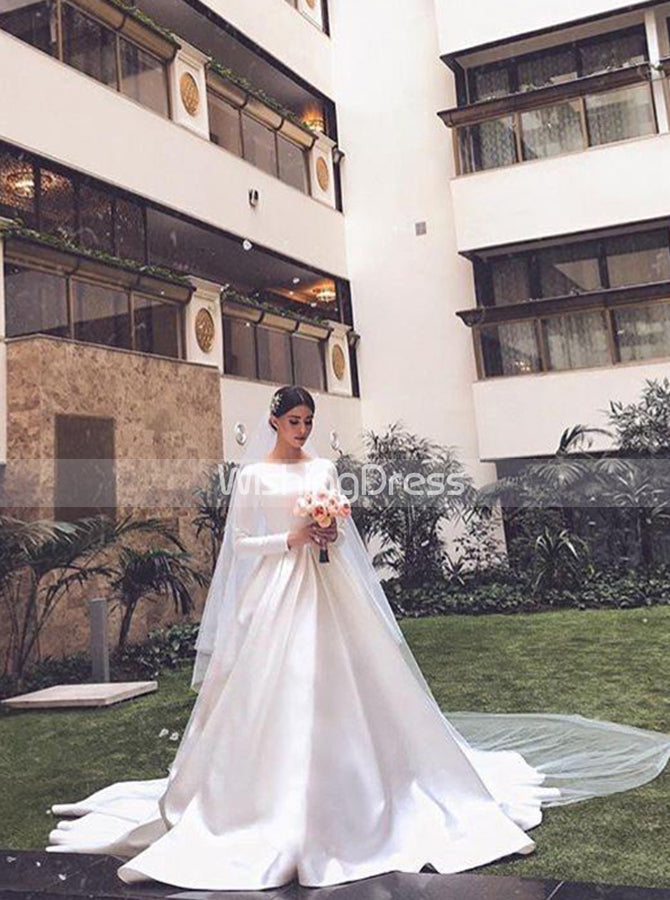 A-line Satin Wedding Dress with Long Sleeves,Modest Wedding Dress High