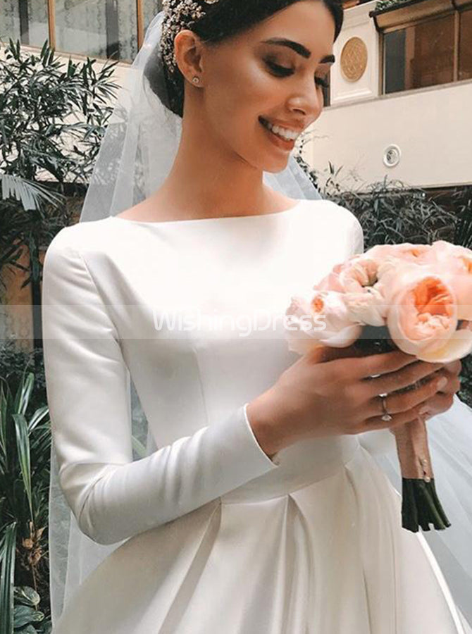 high neck long sleeve wedding dress A-line Satin Wedding Dress with Long Sleeves,Modest Wedding Dress High