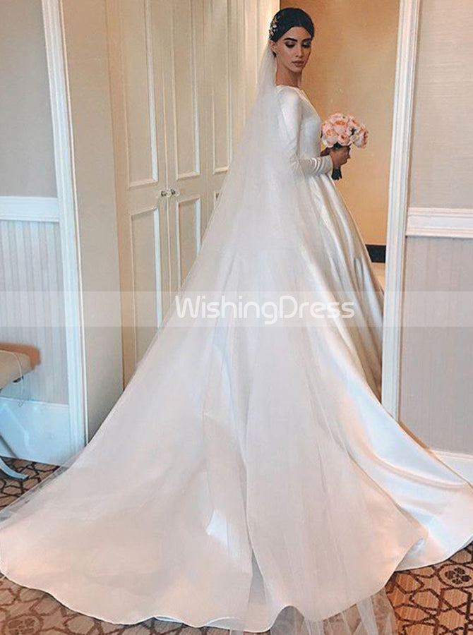 A-line Satin Wedding Dress with Long Sleeves,Modest Wedding Dress High