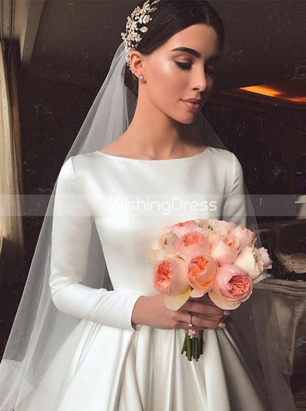 A-line Satin Wedding Dress with Long Sleeves,Modest Wedding Dress High Neck,WD00617