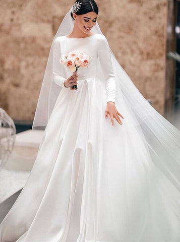 A-line Satin Wedding Dress with Long Sleeves,Modest Wedding Dress High Neck,WD00617