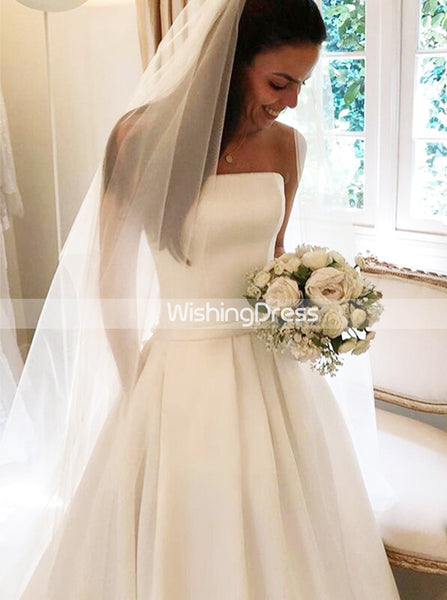 A-line Satin Wedding Dress with Pockets,Strapless Simple Wedding Gown,WD00620