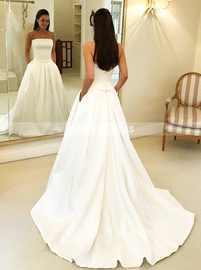 A-line Satin Wedding Dress with Pockets,Strapless Simple Wedding Gown,WD00620 US20W / White
