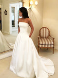 A-line Satin Wedding Dress with Pockets,Strapless Simple Wedding Gown,WD00620