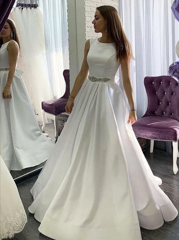 A-line Simple Wedding Dress with Removable Belt,Garden Wedding Dress,WD00608