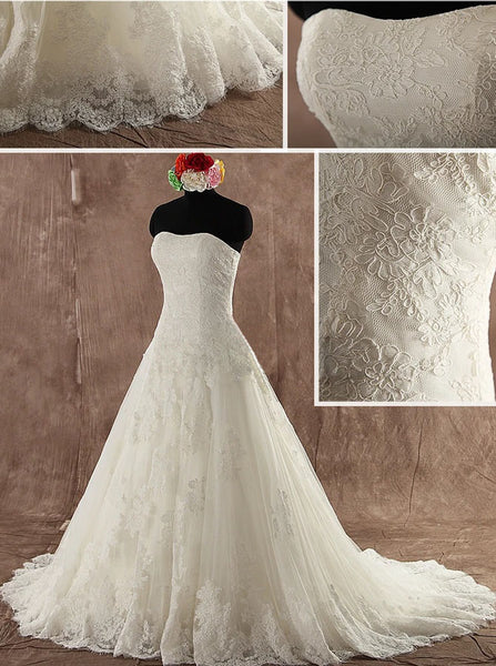 A-line Strapless Wedding Dress,Elegant Lace and Tulle Bridal Dress,WD00592