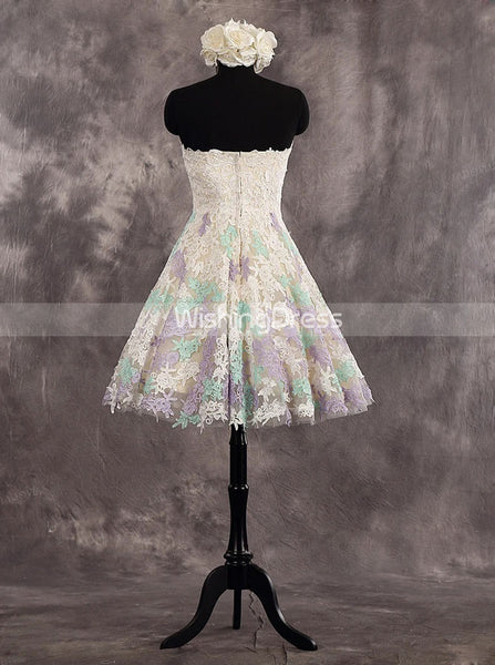 A-line Strapless Wedding Reception Dress,Lace Short Outdoor Wedding Dress,WD00552