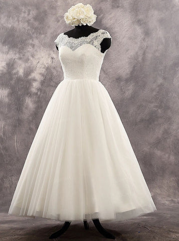 A-line Tea Length Wedding Dresses,Vintage Garden Wedding Gown,WD00518