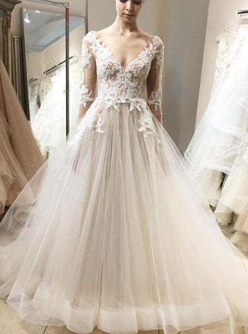 A-line Tulle Wedding Dresses,Wedding Dress with Sleeves,WD00405