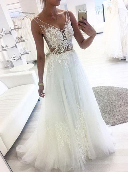 A-line V-neck Bridal Dress,Illusion Tulle Wedding Dress,WD00469