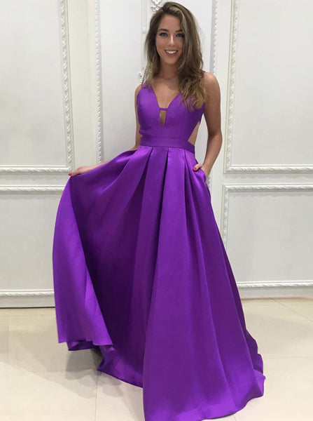 A line V Neck Prom Dress,Satin Long Prom Dress,Prom Dress with Pockets - Wishingdress A line V Neck Prom Dress,Satin Long Prom Dress,Prom Dress with Pockets - Wishingdress