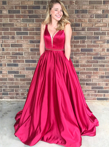 A-line V-neck Prom Dress,Satin Prom Dress with Pockets,Long Modest Prom Dress PD00168